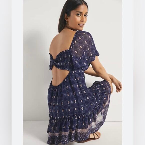 ANTHROPOLOGIE MAEVE Smocked Tunic Mini Dress Blue Small - Picture 1 of 5